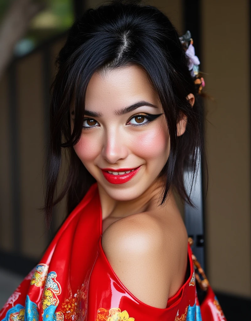 face and shoulders close up, japanese latex kimono, red lip gloss, in a traditional samurai setting