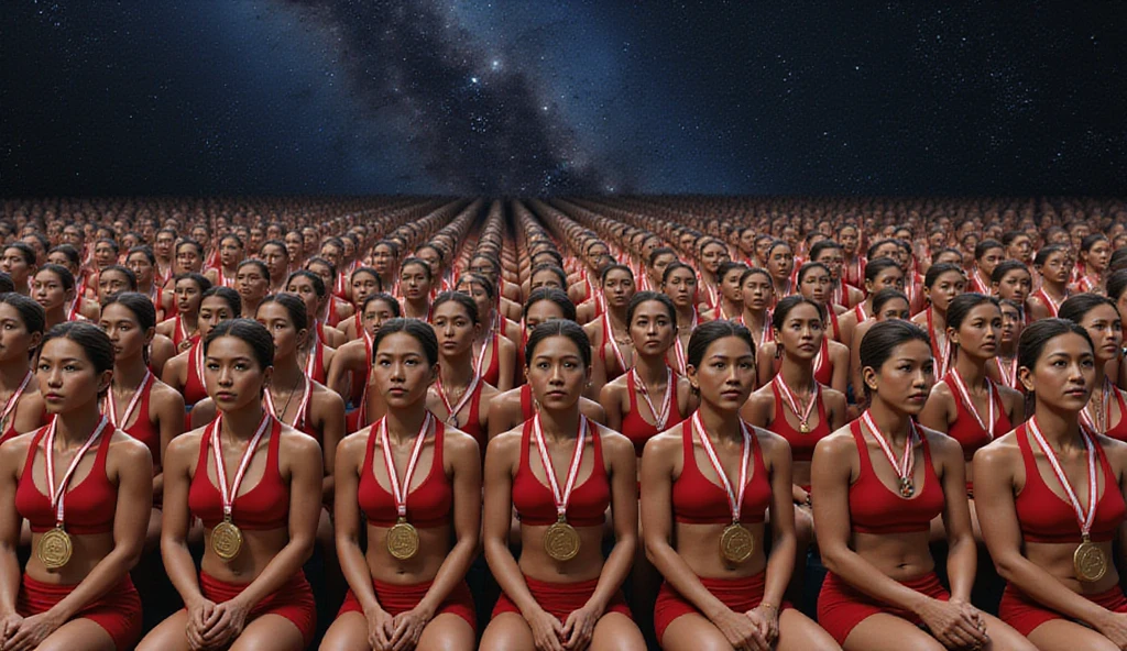 red sport bra, red sport short, six pack women 1000000000000000000000000000 clones, sitting with a medal, in the space of the universe
