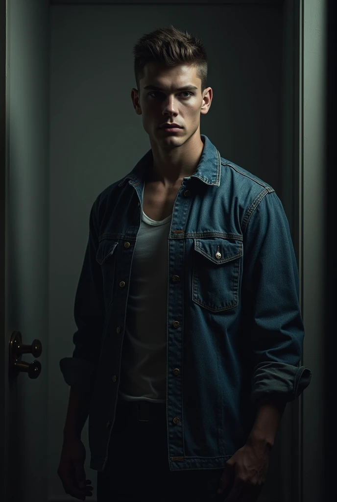 ((serious face)), hot guy wearing a black unbottened jacket with a hood, ((blue eyes)), light brown hair, soft cheek, muscular, in a dark alley, single yellow weak light on top, dumpsters on the back, ((photography)), realistic, perfect image, amazing quality, 4k, perfect scenario