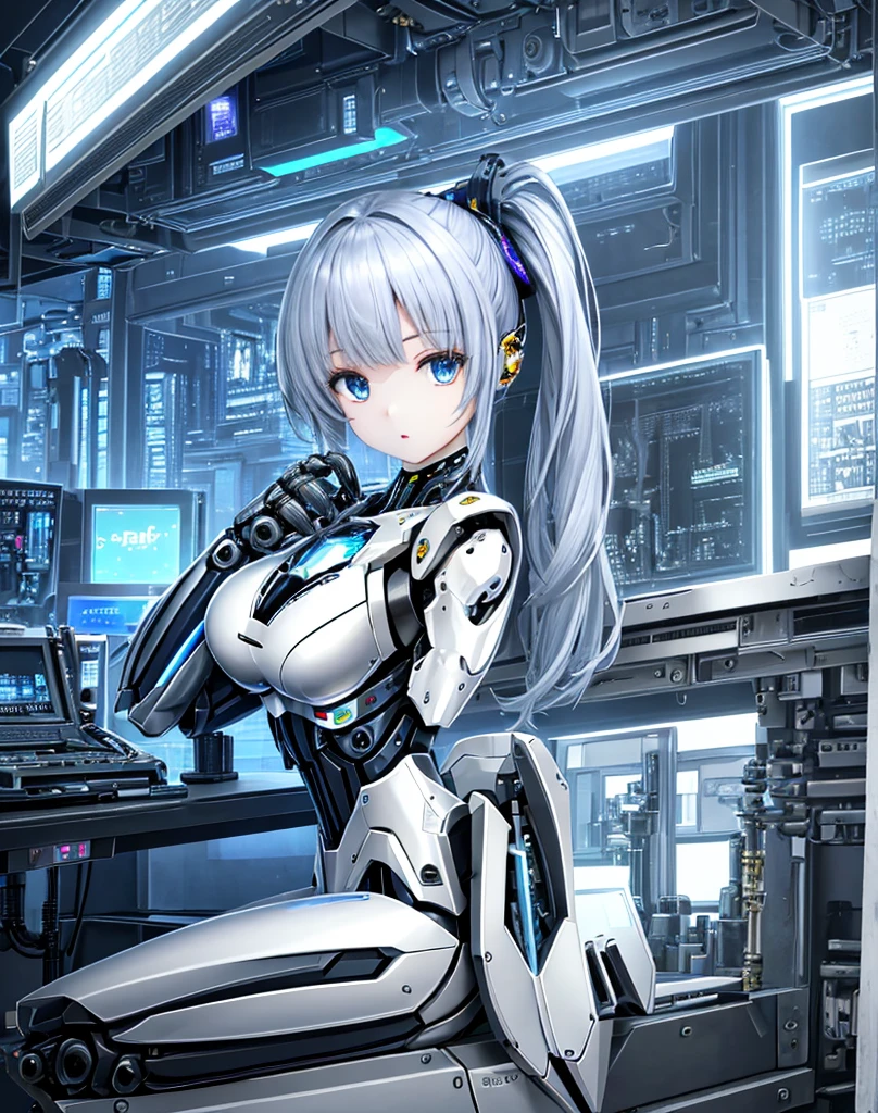 (( table top in front of you)), ((最 High Quality ),  High Quality 、 Ultra High Definition, ( realistic 、 photorealistic),  (( well-balanced face ))、 full color 、( sci-fi )、(duo)、hot android women、 combat robot 、( perfect robot joints :1.3)、( detailed broken computer :1.3)、(Machine frame:1.3)、 golden and silver mechanical armor 、( oval curvy face )、(Machinery Parts:1.3)、( emotionless almond-shaped eyes)、Small mouth、 No Emotion、(perfect mechanical hands :1.3)、(( cyber city road during the day))、 perfect robot legs 、 high heels,  full body shot ,  Masterpiece.,