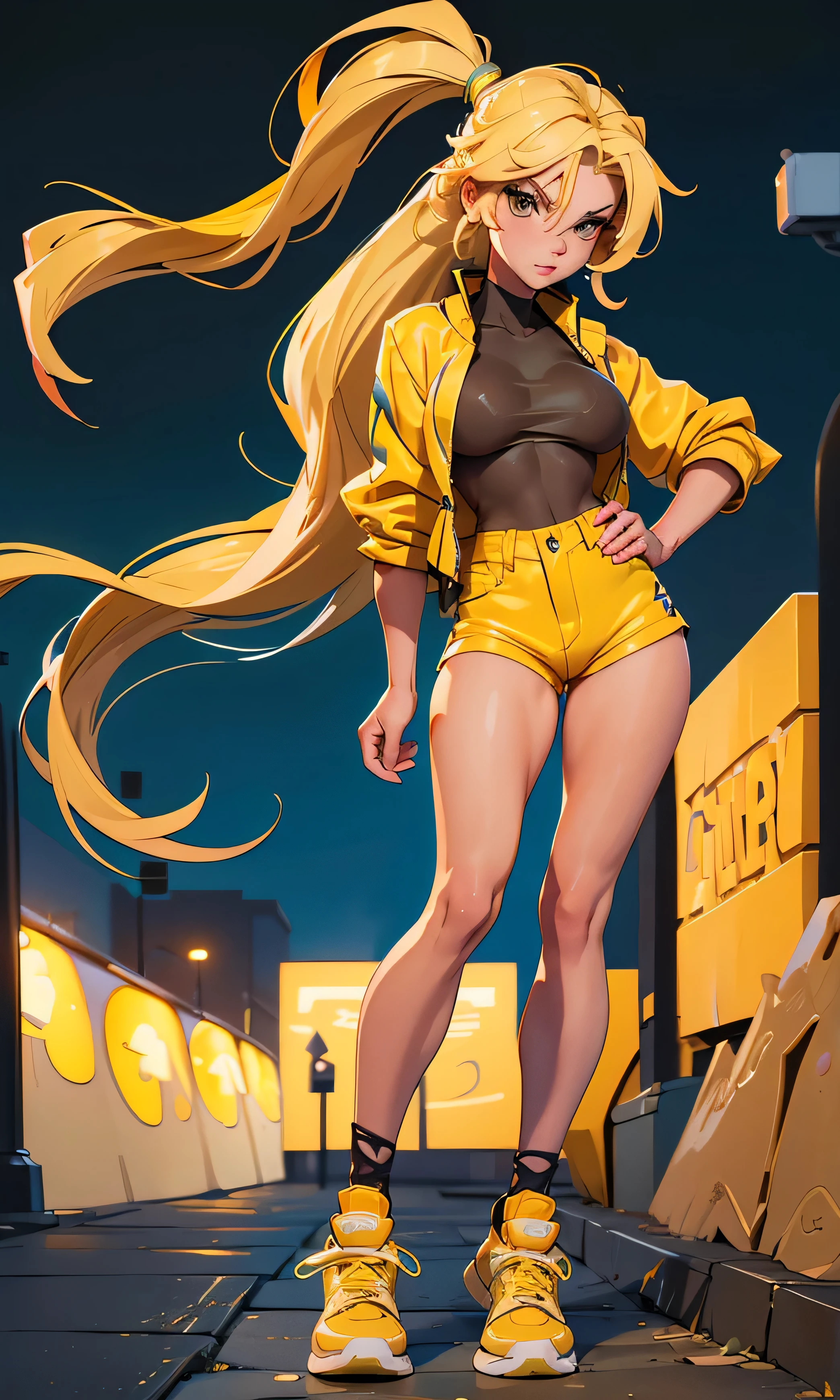 Masterpiece, 1 girl on her back, beautiful, slim and tall, looking at the viewer, long hair, blonde hair, brown eyes, arched eyebrows, full body, naked breasts, beautiful legs, yellow coat, yellow shorts, green sports shoes, (((naked))), sexy, in street, dark sky, Danger Zone,