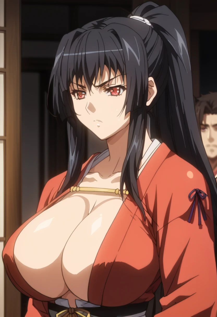 ((small stature)), 1 Girl,  ponytail,  dark hair,  red eyes, red samurai costume, Japanese armor, Asanagi, ((huge breasts)), holding_katana,  serious expression , sexy body, Good quality ,