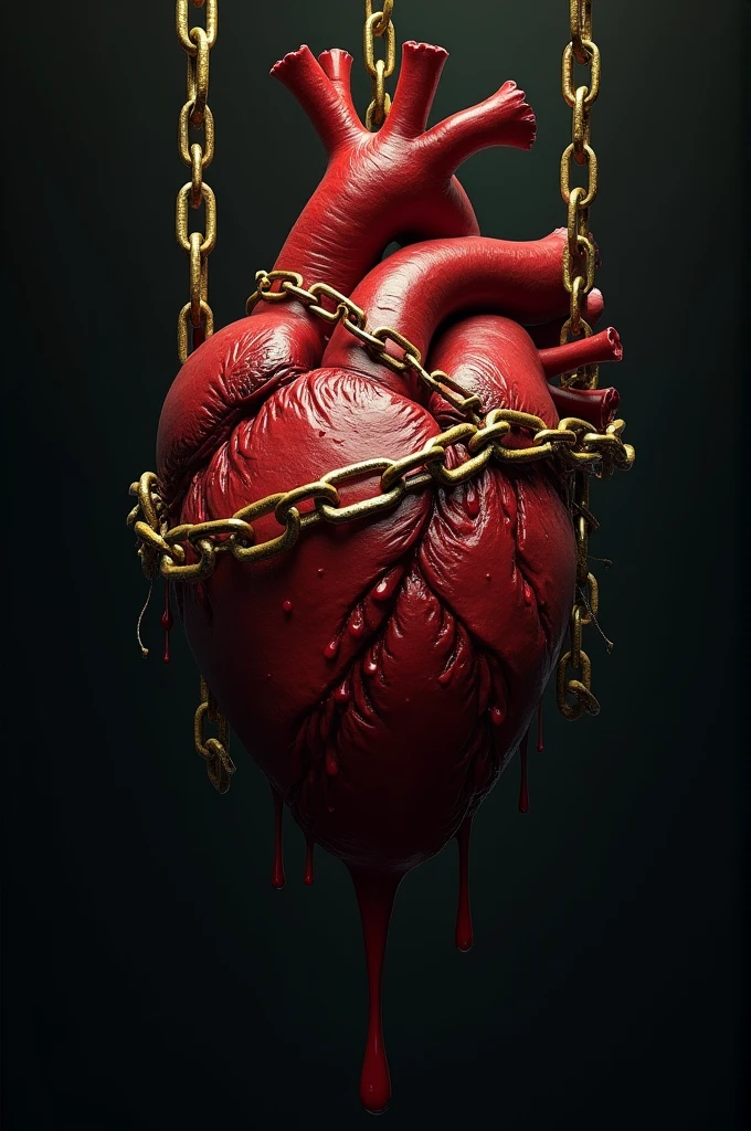 Please generate an image that depicts a human heart formed from a combination of iron and steel. The heart must be wrapped in chains that bind it firmly, representing strength and vulnerability at the same time. The image should convey a feeling of resistance. Please be creative in your depiction of this scene.