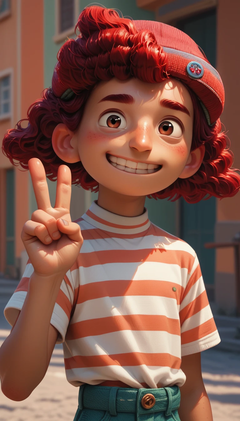 1 , G_luca,  red hair ,. striped shirt, smile, just the face, peace sign, down the back, ,  looking at the spectator,  in front , portrait 