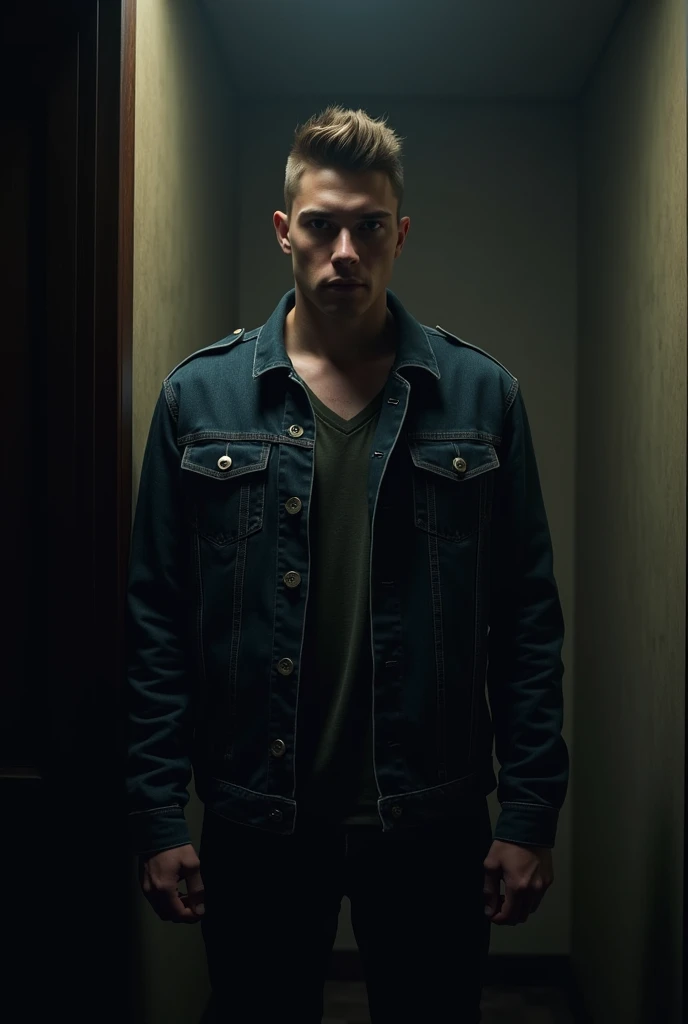 ((serious face)), hot guy wearing a black unbottened jacket with a hood, ((blue eyes)), light brown hair, soft cheek, muscular, in a dark alley, single yellow weak light on top, dumpsters on the back, ((photography)), realistic, perfect image, amazing quality, 4k, perfect scenario
