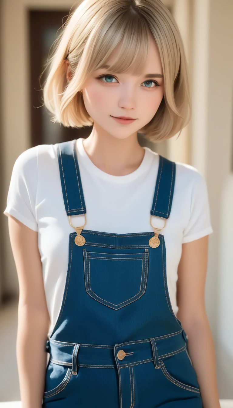 (​masterpiece), ( best quality), 8k resolution,  one girl ,  breathtaking beauty,  perfect face, the perfect body, s,  sexy,  Cinematic Light ,  short hair,  small boobs、I'm wearing super small size  、 overalls、 short straight hair with bangs 、(( climbs above those watching ))