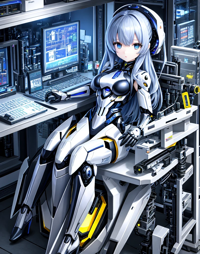 (( table top in front of you)), ((最 High Quality ),  High Quality 、 Ultra High Definition, ( realistic 、 photorealistic),  (( well-balanced face ))、 full color 、( sci-fi )、(duo)、hot android women、 combat robot 、( perfect robot joints :1.3)、( detailed broken computer :1.3)、(Machine frame:1.3)、 golden and silver mechanical armor 、( oval curvy face )、(Machinery Parts:1.3)、( emotionless almond-shaped eyes)、Small mouth、 No Emotion、(perfect mechanical hands :1.3)、(( cyber city road during the day))、 perfect robot legs 、 high heels,  full body shot ,  Masterpiece.,