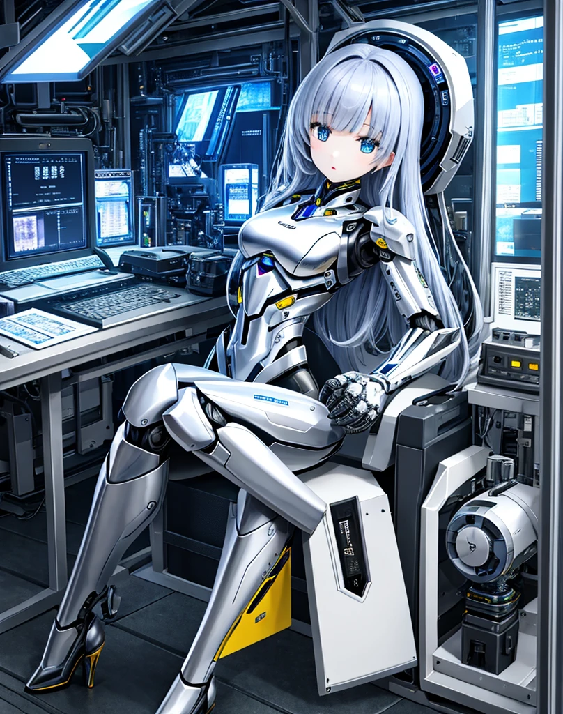 (( table top in front of you)), ((最 High Quality ),  High Quality 、 Ultra High Definition, ( realistic 、 photorealistic),  (( well-balanced face ))、 full color 、( sci-fi )、(duo)、hot android women、 combat robot 、( perfect robot joints :1.3)、( detailed broken computer :1.3)、(Machine frame:1.3)、 golden and silver mechanical armor 、( oval curvy face )、(Machinery Parts:1.3)、( emotionless almond-shaped eyes)、Small mouth、 No Emotion、(perfect mechanical hands :1.3)、(( cyber city road during the day))、 perfect robot legs 、 high heels,  full body shot ,  Masterpiece.,