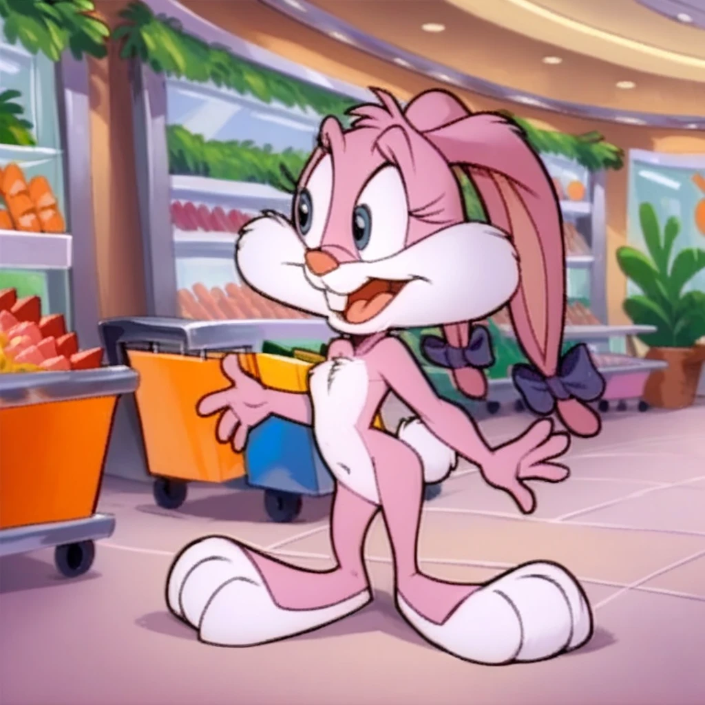 score_9, score_8_up, score_7_up, score_6_up, source_furry, babstta, anthro, female, rabbit, pink fur, shopping mall, naked, nude, no clothes