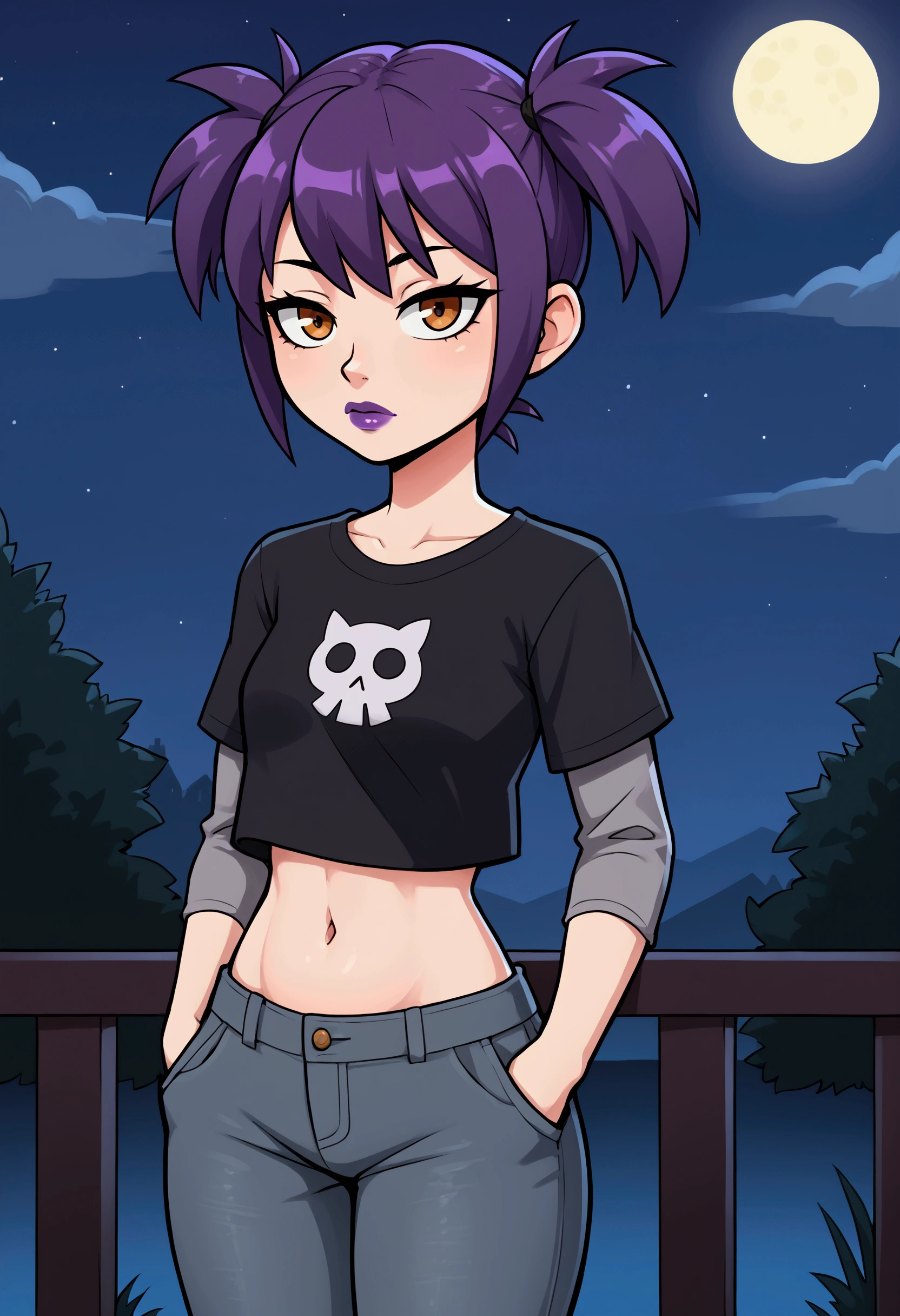 1girl, solo, purple hair, short twintails, gray jeans, taut black t-shirt, long gray sleeves, crop top, midriff, belly, navel, purple lipstick, hands in pockets, night