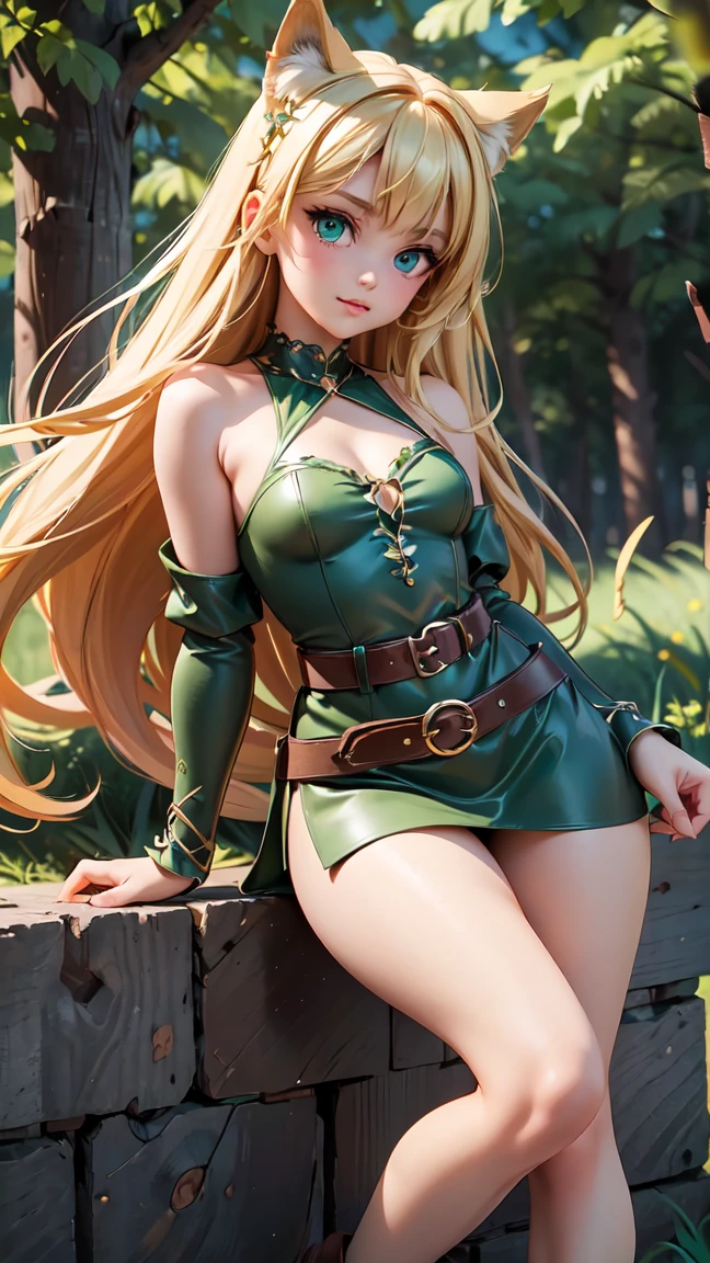 Beautiful 1girl in, full body, teenager, Solo, (very long waist length hair, straight blonde hair: 1.28), ((light blue eyes)), clear skin, (large darker fox ears: 1.35), pale skin, medium breasts, cleavage, (thin hips, thin waist: 1.25), (arched back:1.12), detailed skin, shy smile, (revealing clothes, brown leather, cropped corset, skirt, thigh high boots, buckles, straps, pouches, green fabric, brown leather: 1.1), (groping herself, grabbing chest: 1.24), (action shot, kneeling: 1.21), (detailed magical forest background:1.1), creek, overlooking opening in forest, relaxing, 4k textures, soft light, elegant, highly detailed, sharp focus, soothing tones, insane details, intricate details, hyperdetailed, high contrast, hdr
