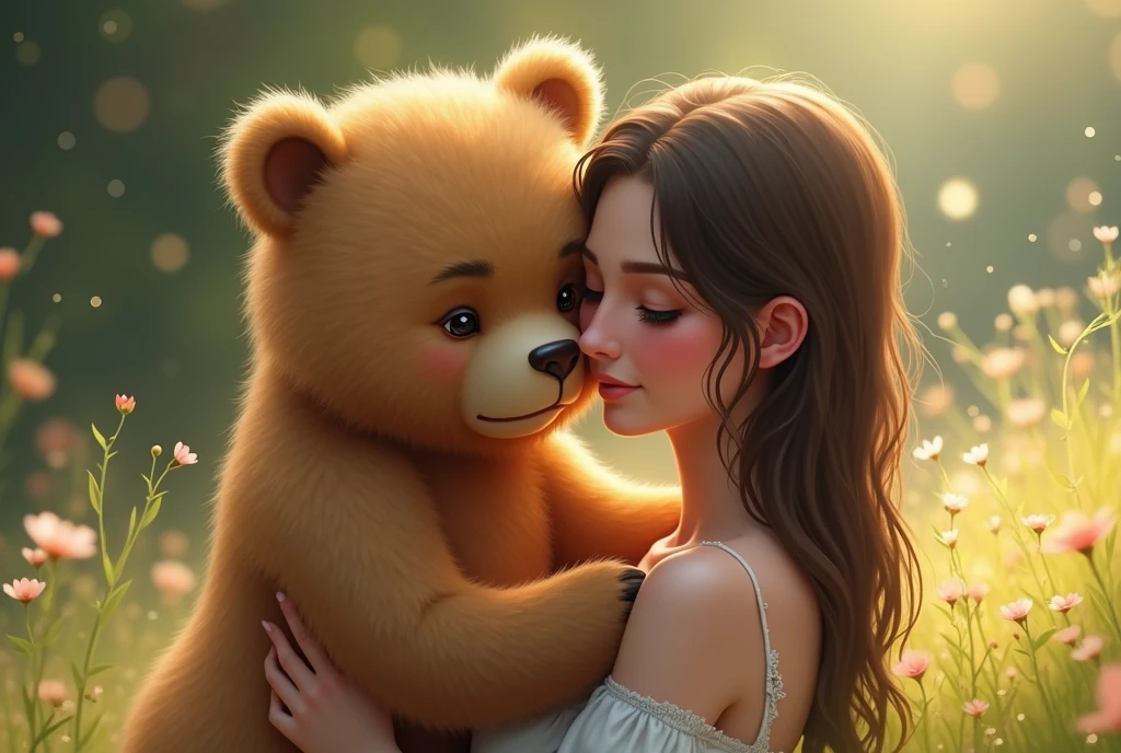 Beautiful woman with black hair sitting on a large cartoon bear 