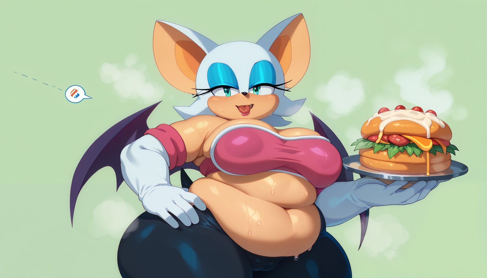 rouge the bat, sonic \(series\), 1girl, solo, hand on own hip, elbow gloves, (ssbbw), sweating, big hips, ((expanding)), steaming body, wobble lines, big_double_doughy_belly, she´s enjoying, (nightcity_background), (weight gain), (too much food around her), (perfect shaders), (private dim bedroom:1.0)