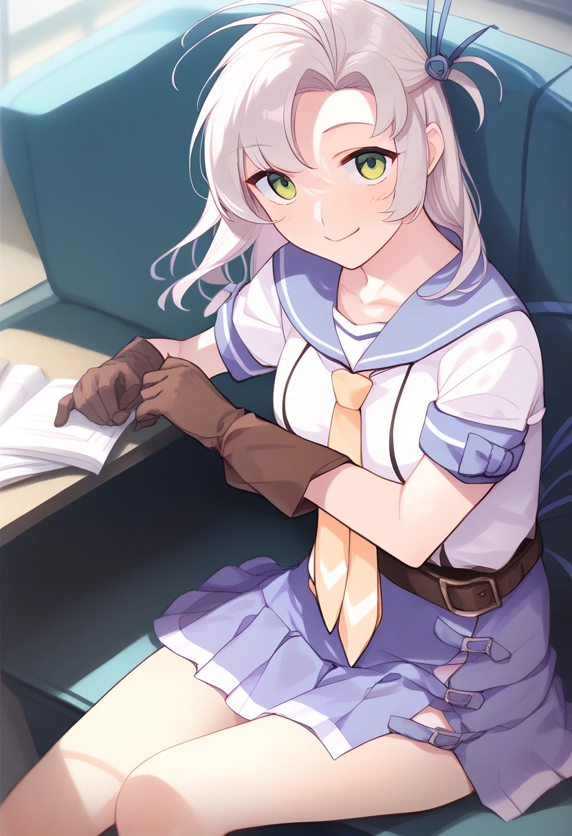 score_9, score_8_up, score_7_up, BREAK source_Anime,  game cg, (Anime screencap),  1 girl, Alone, Kinugasakaini, smile,  gray hair , Hair ties,  green eyes,  blue sailor collar , Sera Clothing, Yellow tie,  brown gloves, belt,  skirt,   looking at viewer, sitting, 