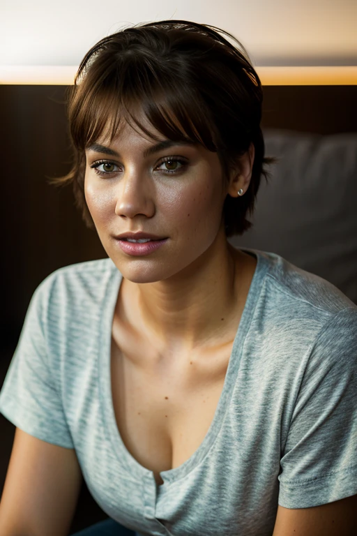 Realistic photo of a beautiful l4ur3nc-v1 woman,  1girl, solo, breasts, looking at viewer, short hair, simple background, brown hair, shirt, brown eyes, white shirt, short sleeves, nail polish, mole, lips, buruma, realistic, soft lighting, professional Photography, Photorealistic, detailed, RAW, analog, sharp focus, 8k, HD, DSLR, high quality, Fujifilm XT3, film grain, award winning, masterpiece