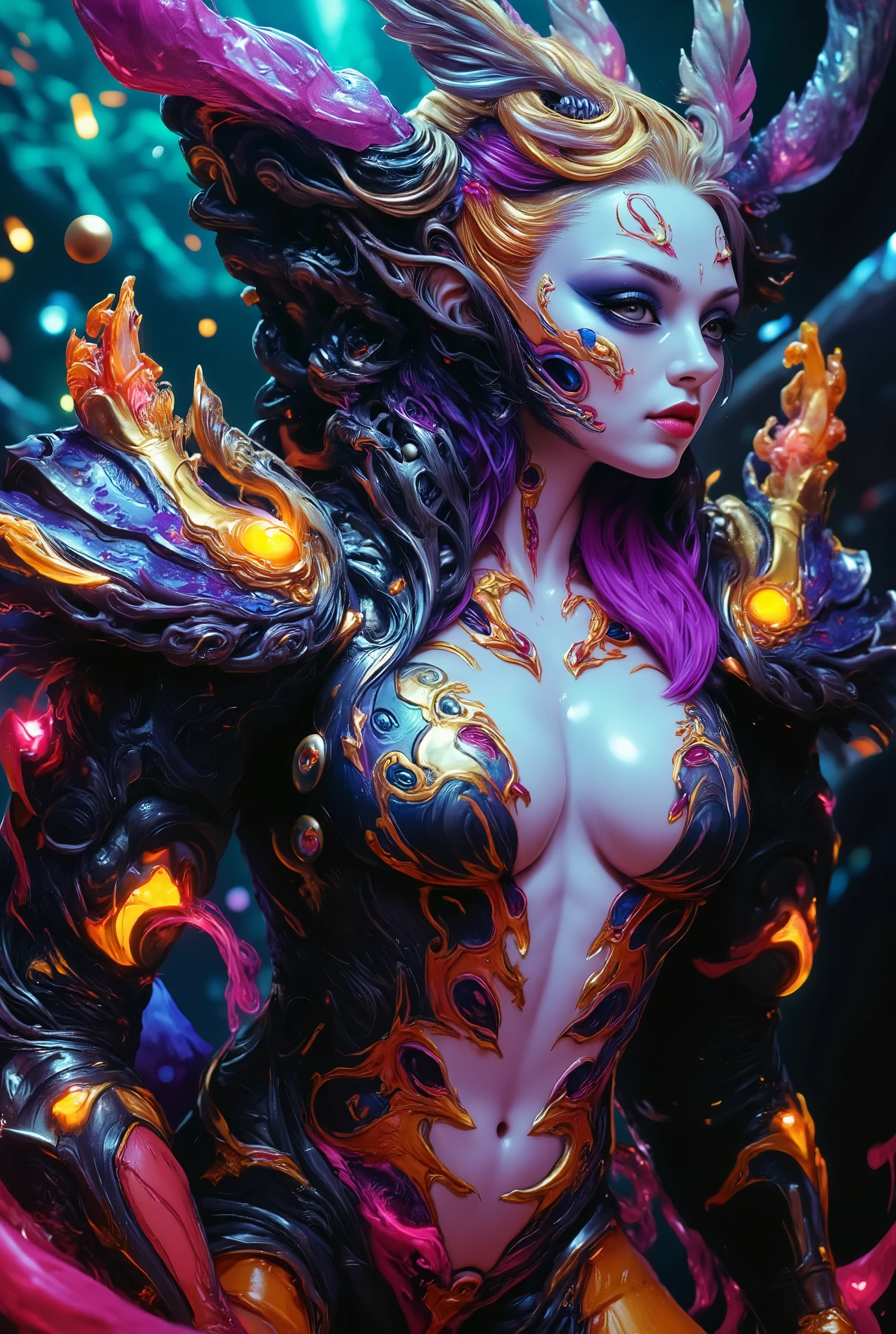 score_9, score_8_up, score_7_up, score_6_up, score_5_up, score_4_up, (best quality,4K,8k,highres,masterpiece:1.2), (super realistic photo:1.6), A neon-colored, mutant Grimm knight, stunning female, (Cthulhu Bishop:1.2), highly detailed, ultra-realistic, 8K, cinematic lighting, dramatic shadows, vibrant neon colors, glowing energy, intricate armor, twisted and distorted features, eldritch horror, dark fantasy, photorealistic, entangle, zentangle,
