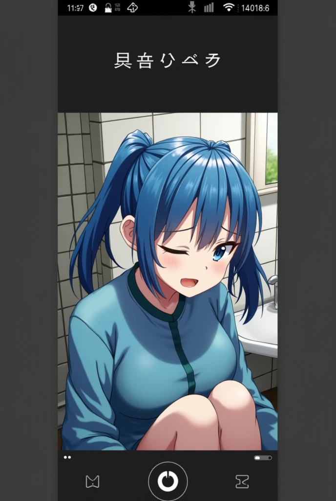 masterpiece, Highest quality, Haruna Sairenji,Blue Hair,Gentle face,blush,Completely naked,Red hairpin,(Bathroom),Shortcuts,Small breasts,Wide forehead,I&#39;m peeing,Top view,(トイレでI&#39;m peeing),Sitting,Toilets in the park,弁この中にI&#39;m peeing