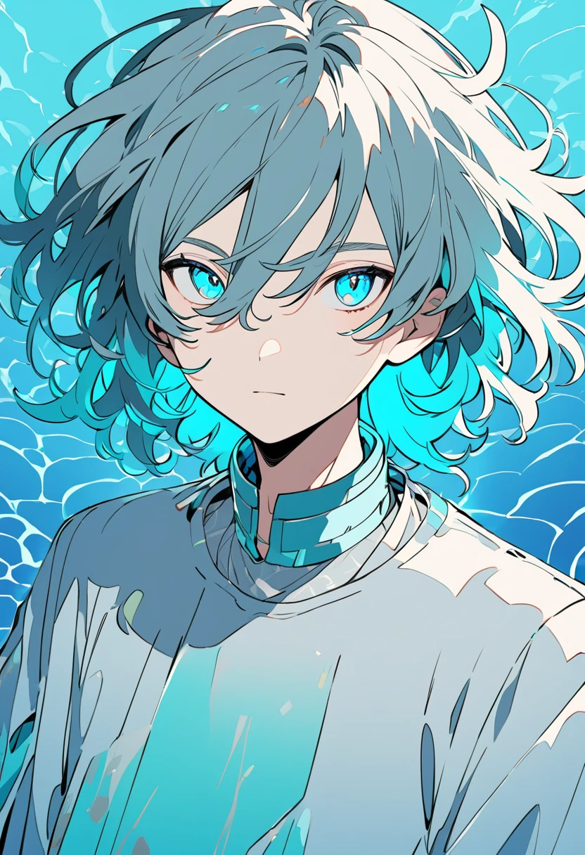  A male character with medium hair of a vibrant shade of cyan , slightly messy, but with a natural style .  Your eyes have the same cyan shade ,  shining brightly ,  as if reflecting an internal light .  Your skin is clear and slightly illuminated ,  highlighting the striking and youthful facial features . He wears futuristic or contemporary outfits with subtle details with the gray and cyan palette.  Art Style :  smooth and detailed lines .