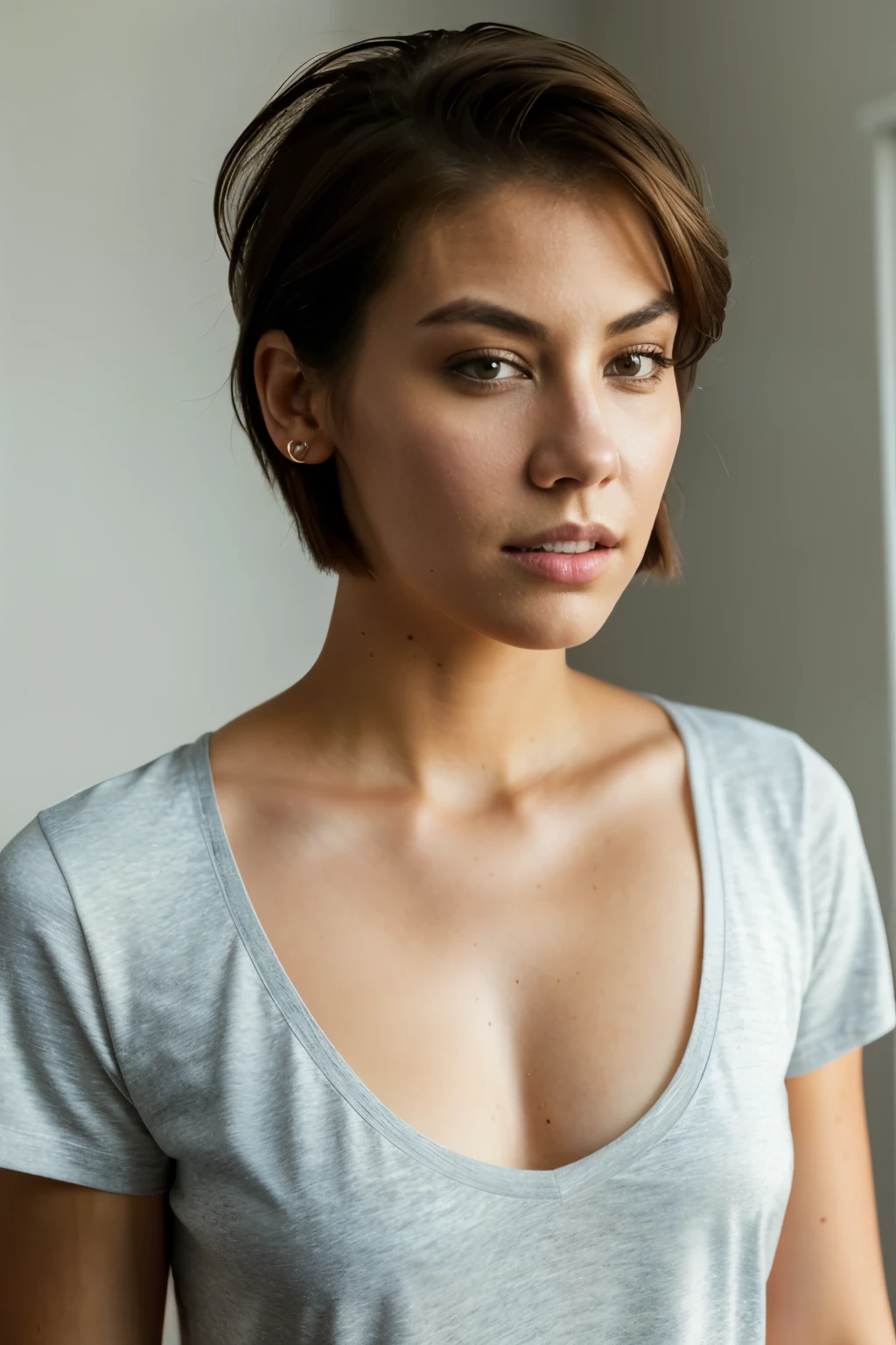 Realistic photo of a beautiful l4ur3nc-v1 woman,  1girl, solo, breasts, looking at viewer, short hair, simple background, brown hair, shirt, brown eyes, white shirt, short sleeves, nail polish, mole, lips, buruma, realistic, soft lighting, professional Photography, Photorealistic, detailed, RAW, analog, sharp focus, 8k, HD, DSLR, high quality, Fujifilm XT3, film grain, award winning, masterpiece