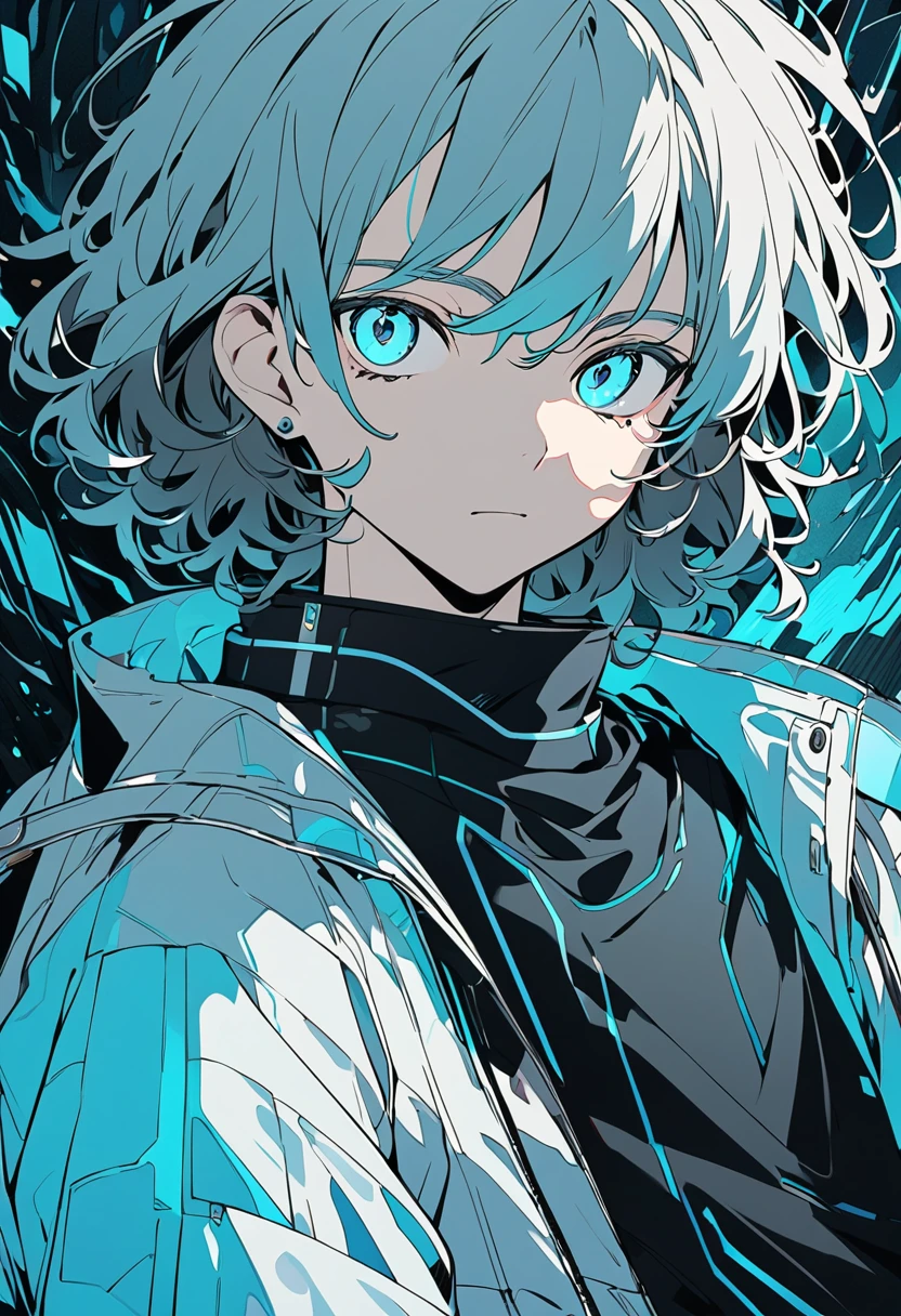  A male character with medium hair of a vibrant shade of cyan , slightly messy, but with a natural style .  Your eyes have the same cyan shade ,  shining brightly ,  as if reflecting an internal light .  Your skin is clear and slightly illuminated ,  highlighting the striking and youthful facial features . He wears futuristic or contemporary outfits with subtle details with the gray and cyan palette.  Art Style :  smooth and detailed lines .