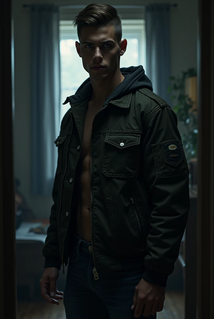 a young boy with beautiful blue eyes, small waist, flat abdomen, platinum-colored medium-length hair, cute, 17 or 18 years old, dressed in casual clothes with a jacket and necklace, detailed facial features, highly detailed, hyper realistic, 8k, photorealistic, intricate details, sharp focus, natural lighting, warm color tones, cinematic lighting, masterpiece, digital art, body of twink