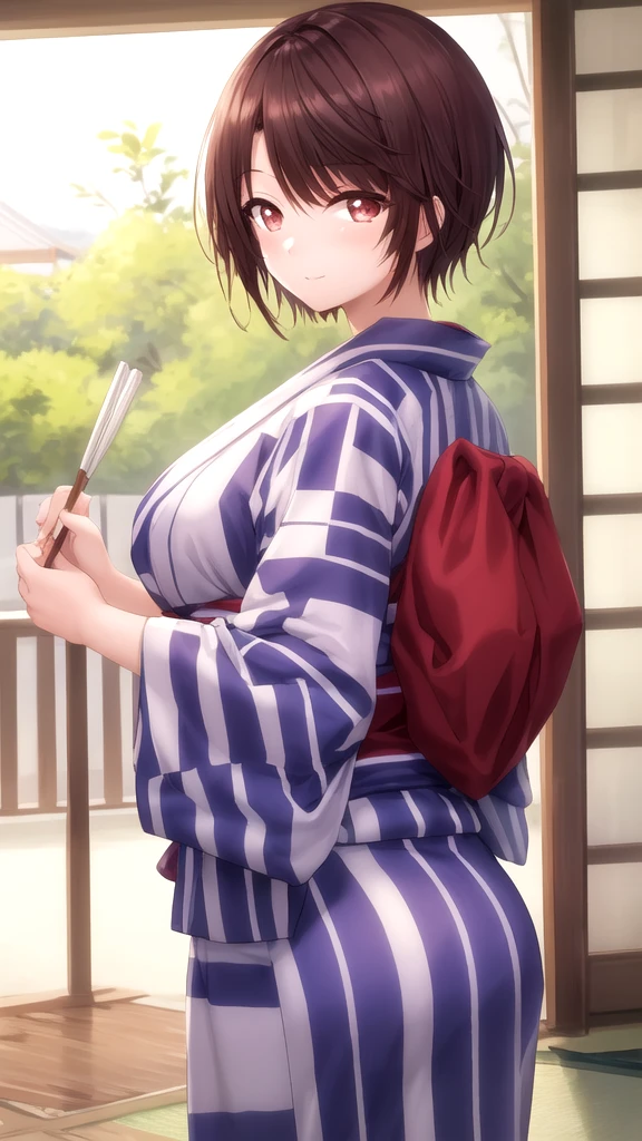 masterpiece, best quality, high quality, girl, solo, looking at viewer, yuuta_kadowaki, large breasts, yukata,