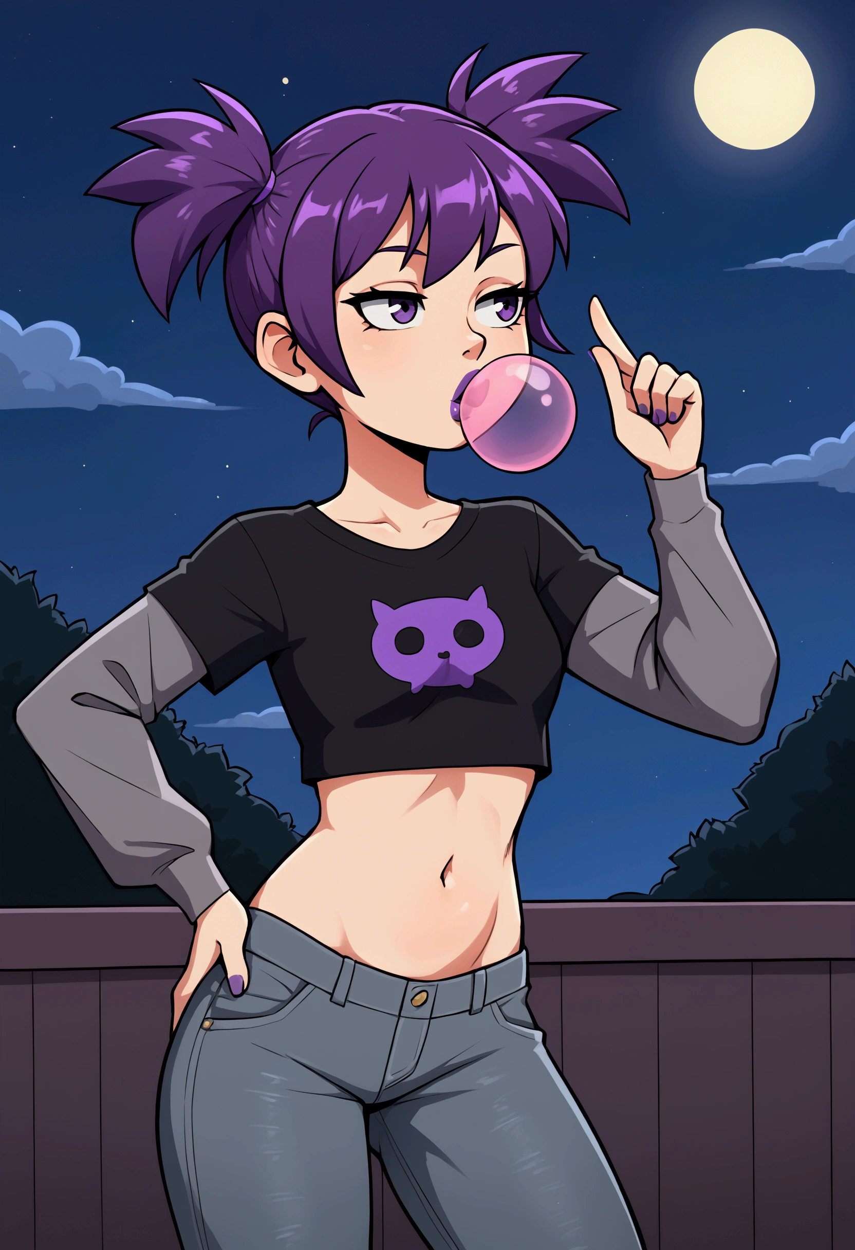 1girl, solo, purple hair, short twintails, gray jeans, taut black t-shirt, long gray sleeves, crop top, midriff, belly, navel, purple lipstick, arm support, hand on hip, blowing bubble gum, night