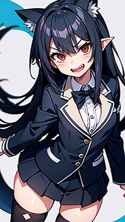 lucifer \(umineko\), red eyes, black hair, hime cut, straight hair, red jacket, cropped jacket, white shirt, undershirt, collared shirt, frilled leotard, garter straps, black thighhighs, (((umineko no naku koro ni))) sadistic smile,deep shaded face,,smile worst,worst ridecule,evil moukery,,,two hands,five fingers,black background,A face full of evil,Too evil ridicule,two legs,
