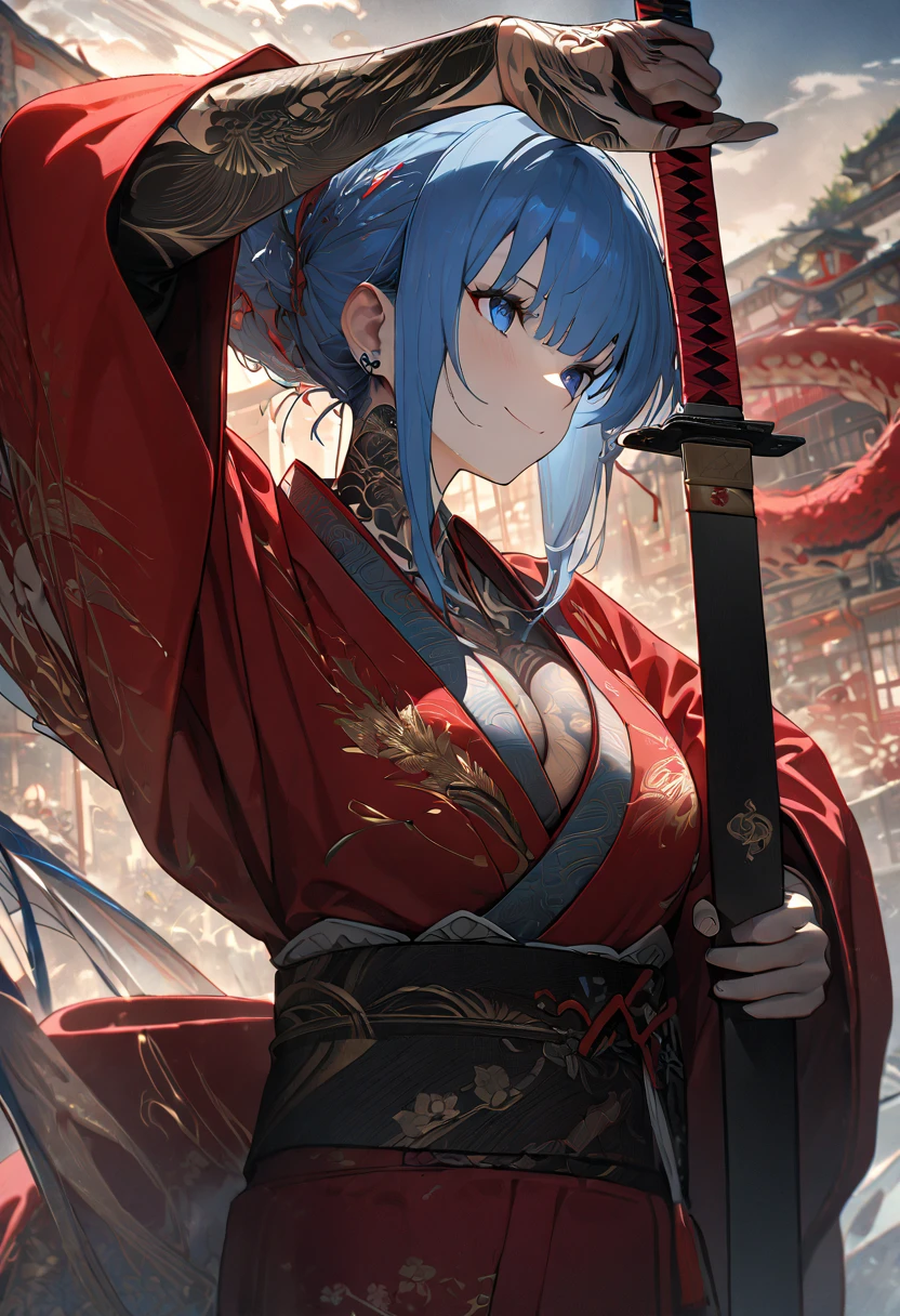  beautiful woman , 1 woman, Sky blue long hair,  bangs ,  blue eyes, A pretty red kimono, Lots of tattoos , E-cup breasts,  Dragon Tattoos on Arms ,  open chest ,  Wide Neckline , chest window,  Window on Chest ,  smile ,  Magical Tails , masterpiece,  best quality, Full HD, 8k,  Ultra High Resolution Details,  Stunning Graphics , Carving a sword