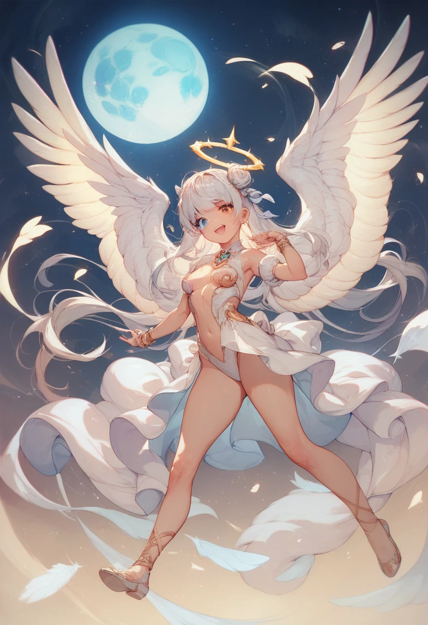 the anime of a white angel girl in between a purple star and clouds with an earthy color palette, sharp teeth, wings, 1girl, solo, teeth, jewelry, long hair, ahoge, crescent, halo, star (symbol), star (sky), purple eyes, white skin girl, Badly aligned teeth, mouth open, white hair girl, double teeth, teeth are dirty, angel wings on the back, I have a tattoo of a constellation, Inverted triangle pattern under the eyes,Teeth are very badly aligned, very white skin, Inverted triangle tattoo under the eye, Full of cavities, straight long hair girl, purple eyes, goddess of time, She has a lot of tattoos of constellations on her naked body.