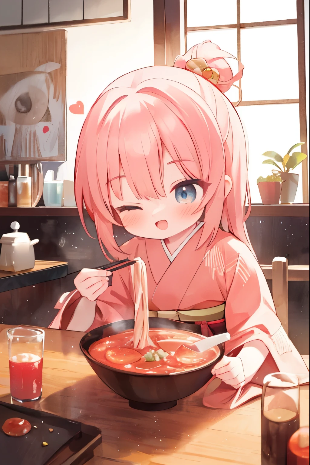 (masterpiece,  top quality),  1 girl, Alone,  cute face, Cute, Ramen, chopsticks, Drinking Glass, ((Beautiful kimono)),  eats, Heart Particles， happy ,  eyes closed , kitchen,