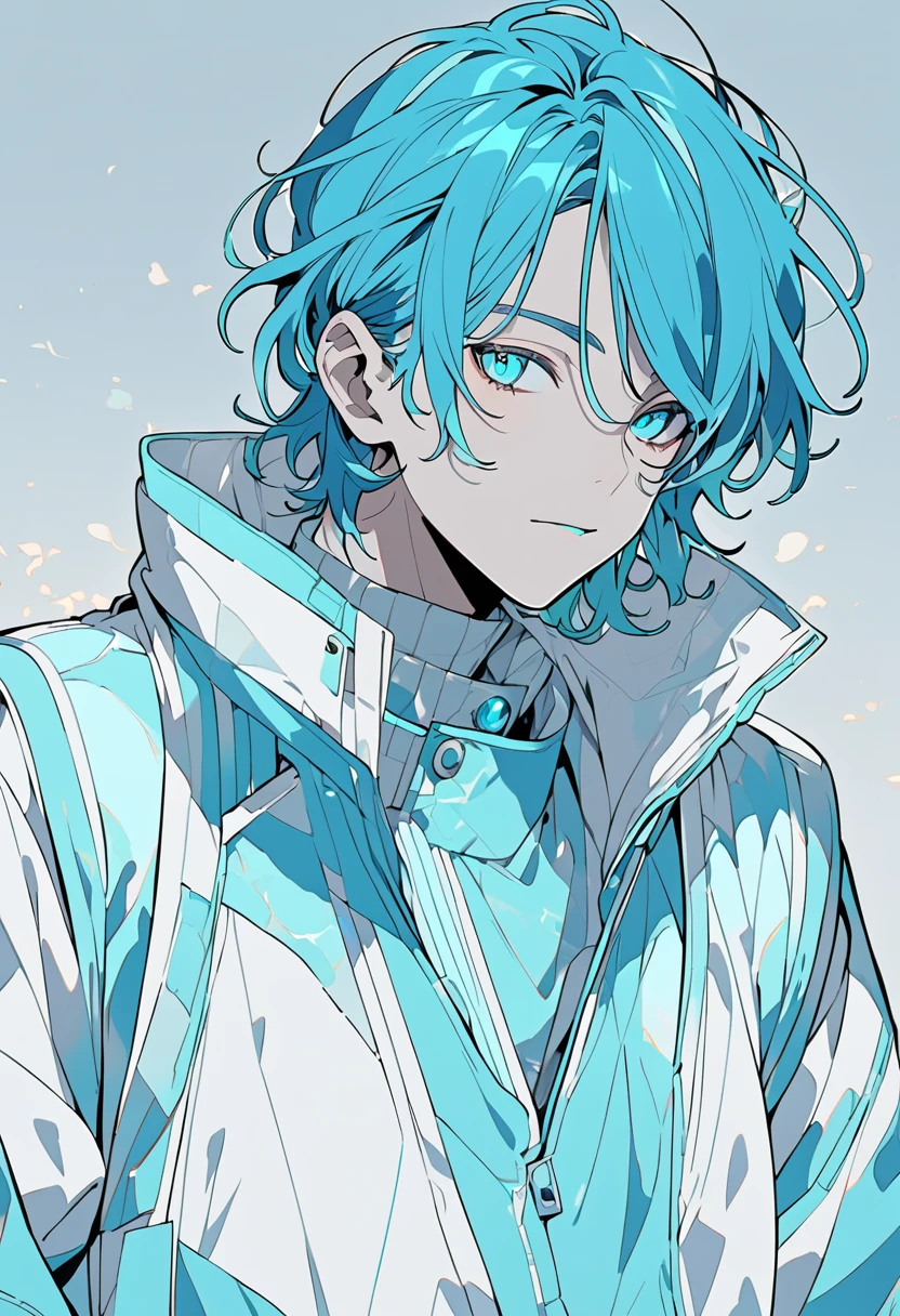  A male character with medium hair of a vibrant shade of cyan , slightly messy, but with a natural style .  Your eyes have the same cyan shade ,  shining brightly ,  as if reflecting an internal light .  Your skin is clear and slightly illuminated ,  highlighting the striking and youthful facial features . He wears futuristic or contemporary outfits with subtle details with the gray and cyan palette.  Art Style :  smooth and detailed lines .