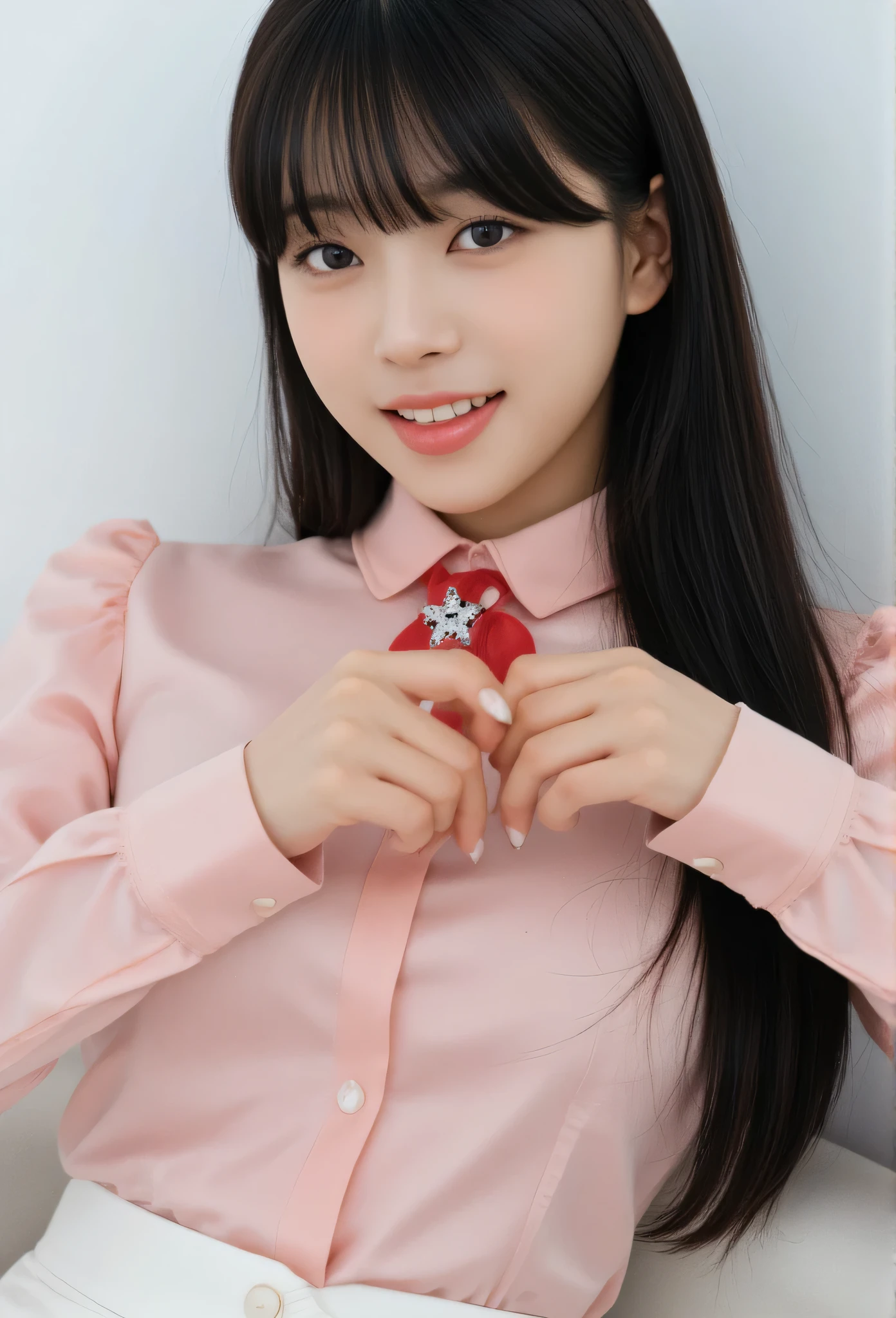 masterpiece, best quality, A young Korean woman with long, vey thin body, straight black hair and blunt bangs smiles at the camera. She wears a pink blouse adorned with a diamond star brooch and a red ribbon tied around her neck. Her hands form a heart shape in front of her chest, showcasing long, expertly manicured nails. A high-waisted white pants. The background is softly blurred, focusing attention on her pose and expression.