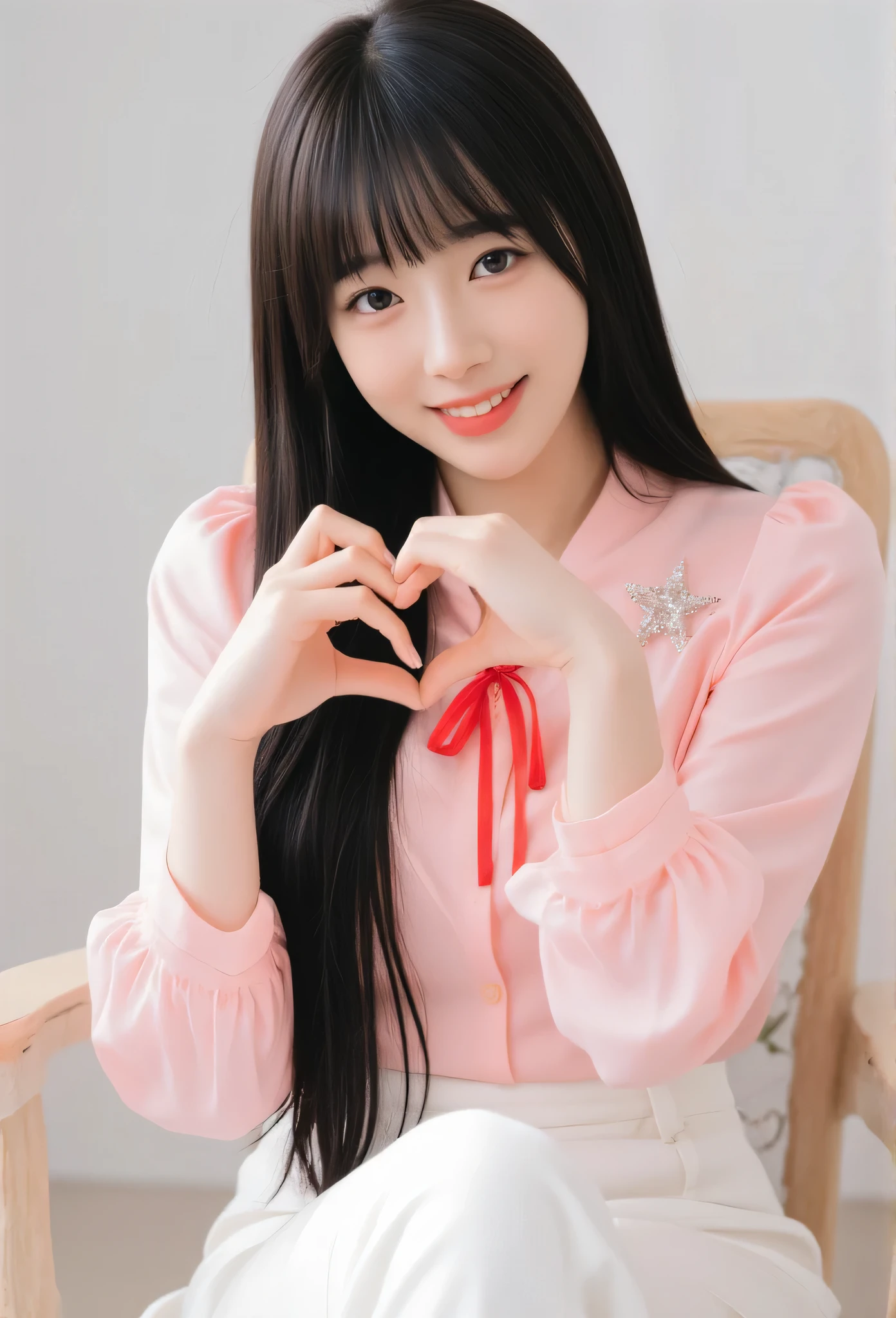 masterpiece, best quality, A young Korean woman with long, vey thin body, straight black hair and blunt bangs smiles at the camera. She wears a pink blouse adorned with a diamond star brooch and a red ribbon tied around her neck. Her hands form a heart shape in front of her chest, showcasing long, expertly manicured nails. A high-waisted white pants. The background is softly blurred, focusing attention on her pose and expression.