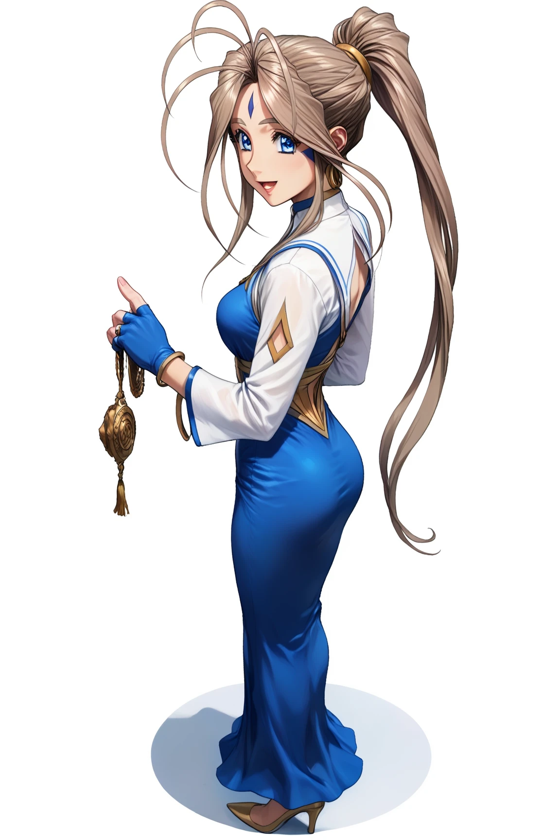 sfw, 1goddess, solo, (priestess, priestess short-neck dress), (short-neck), long sleeves, ((Blue-Trimmed-Dresses, Blue-Trim-clothes)), shiny, shiny white skin, (closed front clothes:1.6), calm smile, open mouth, open palm, arms_down, (full bust:1.5, glamorous, Curvy body, Slim waist), 
BREAK, Lovebell-SDXL, Belldandy, long ponytail, brown hair, blue eyes, parted lips, gold choker, ((fingerless_blue_short_gloves:1.5)), bracelet, earring, wedding_silver_ring on left_hand_ring_finger, gold anklet, (elegant mature woman), safety, tranquility, 
BREAK, simple background, transparent background, 
BREAK, extreme quality, cg, (detailed eyes,and face), (bright colors), (anime), impact, masterpiece, top tier, extravagant, 8k, unity wallpaper, unreal engine 5, ray tracing, 8k, cinematic, varied depth of field, octane render, tone mapping, hyper focus, detailed hand, 
BREAK, full body, white_high_heels, ((standing)), dynamic angle, ((upright:1.4)), from behind, looking back,