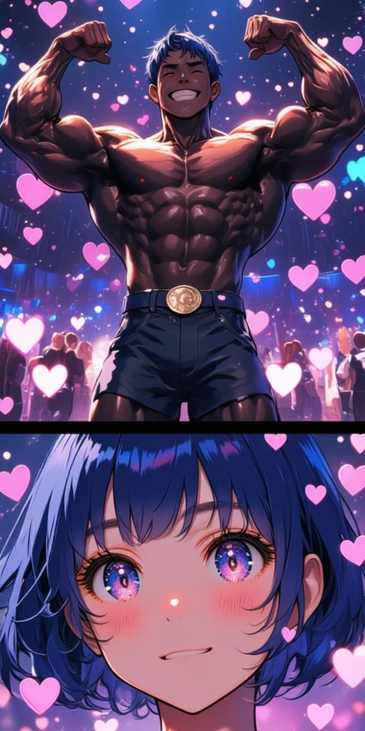 so many cute heart signs.2comic panel.at 1st very big panel (full body of A realistic trustful man with dark shiny muscular skin is posing\(Most Muscular Pose\) beautifully as a bodybuilder with a full smile and white teeth, realistic muscles, very well developed muscles, bodybuilding competition winner. He is in the spotlight of a bodybuilding competition. Describes men with photographic realism). 2nd big panel (In the foreground,close up the face of cute girl with blue hair, short cut, big eyes., generate girl with latest anime style.mood of love.)