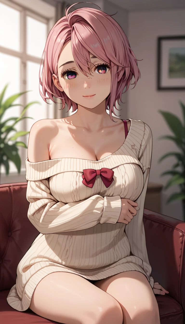  score_9,  score_8_up,  score_7_up, BREAK
1woman, big breast, Blurred Background, sitting on chair, seductive pose, sexy pose, shy, blush, smile, cowboy shot, look at a viewer, 
Aira Shiratori,  pink hair,  short hair,  pink eye, age25,
 sweater dress, off shoulder dress