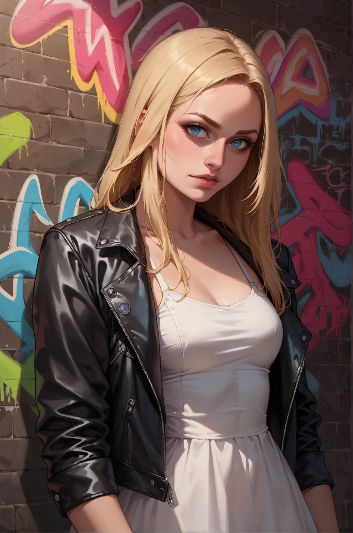 score_9, score_8_up, score_7_up, cartoon of a girl, solo, sexy, slutty, blue eyes, long blonde hair, leather jacket, white sundress, small breast, moody and gritty, neon lighting, neon graffiti, colorful graffiti, black wall background