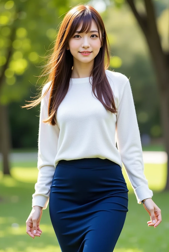  1 beautiful woman,  semi-long light brown hair 、26 years old、White knit、 dark blue long skirt、Height: 155cm、Bust 88cm、Waist 60cm、Hips 90cm 、 walking in the park、Shiny whitening 、 Hairstyle with bangs、 announcer、 is wearing high heels、round face、Mermaid Silhouette、Long sleeve clothes、