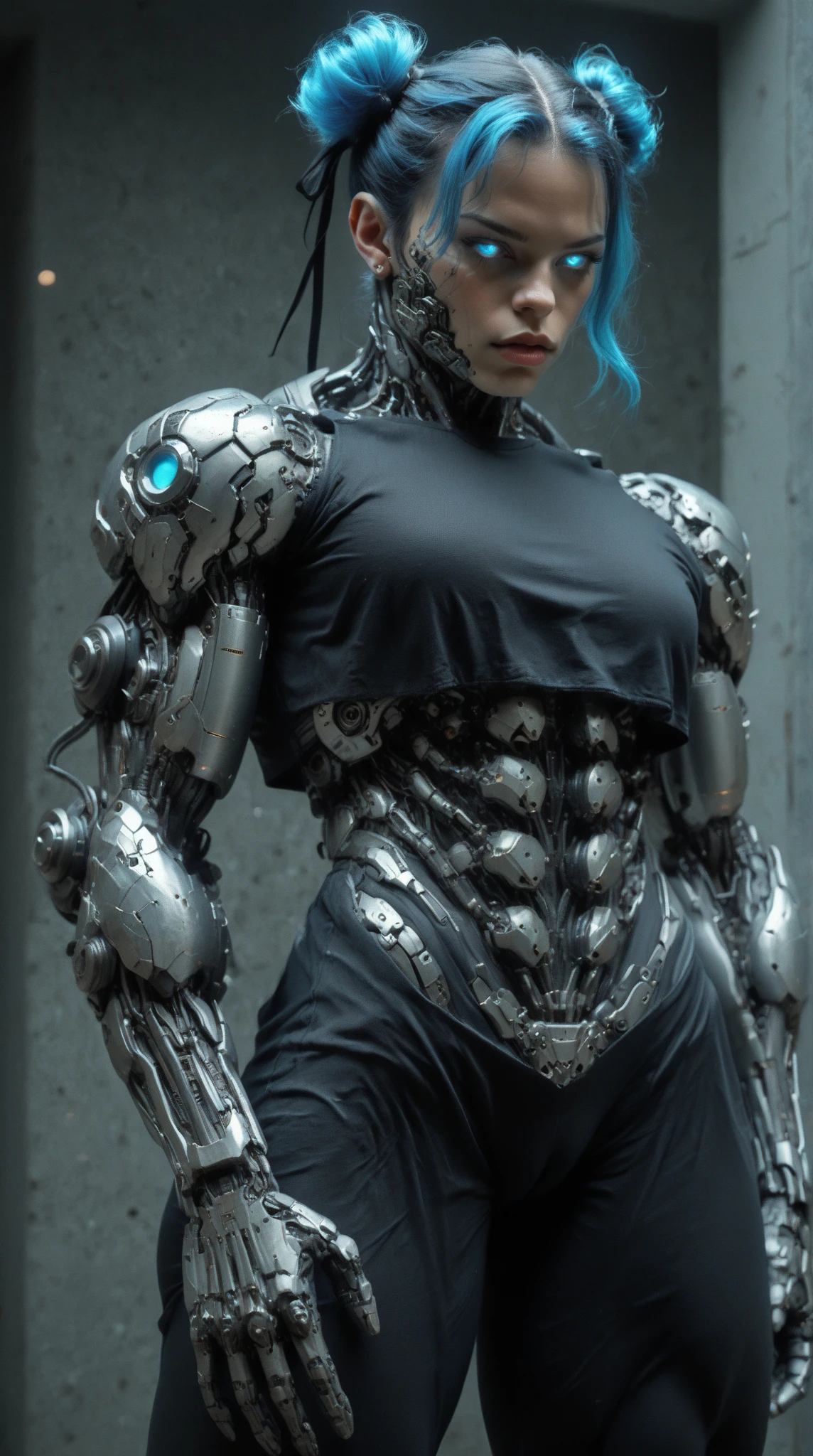 (nsfw:1), (Uncensored:1), score_9, score_8_up, score_7_up, (close up Shot), (1 girl), (Cyborg Chun-Li), (bio-mecha:1.25), beautiful teenage (skinny) muscular Asian cyborg girl,  (mechanical Cyborg arms:1.45), (mechanical Cyborg torso:1.25), (mechanical Cyborg legs:1.25), (mechanical Cyborg jaw:1.25), (muscular bodybuilder phyique:1.5), (blue glowing eyes:1.25), (black sclera:1.25), (beautiful face:1.25), (flat chest:1.25), (blue glowing hair:1.25), metallic, circuits, cables, bimbo lips, 2buns, high res, standing, hand bands, hand on hip, looking to the side, leggings, camel-toe, tight blue panties, under-boob, gothic neon style, cyber punk style, super realistic image, bio armor