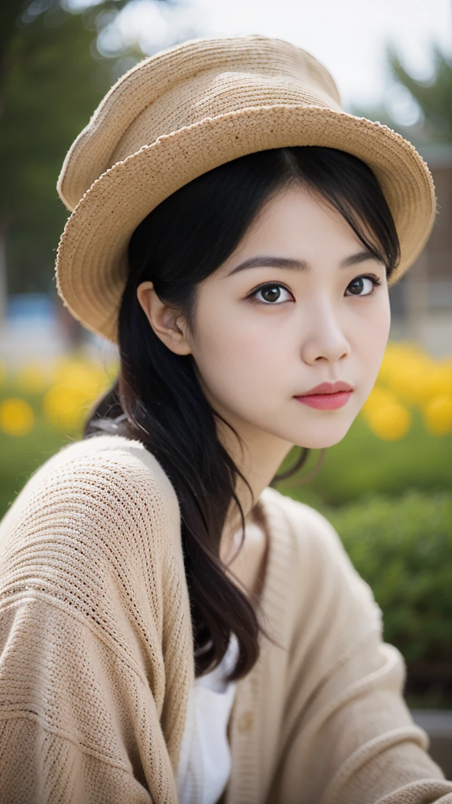 a close up of a woman wearing a hat and sweater, beautiful japanese girls face, 8k artgerm bokeh, girl cute-fine-face, soft portrait shot 8 k, with cute - fine - face, japanese model, she has a cute expressive face, beautiful delicate face, young cute wan asian face, lovely delicate face, asian beautiful face, chinese girl