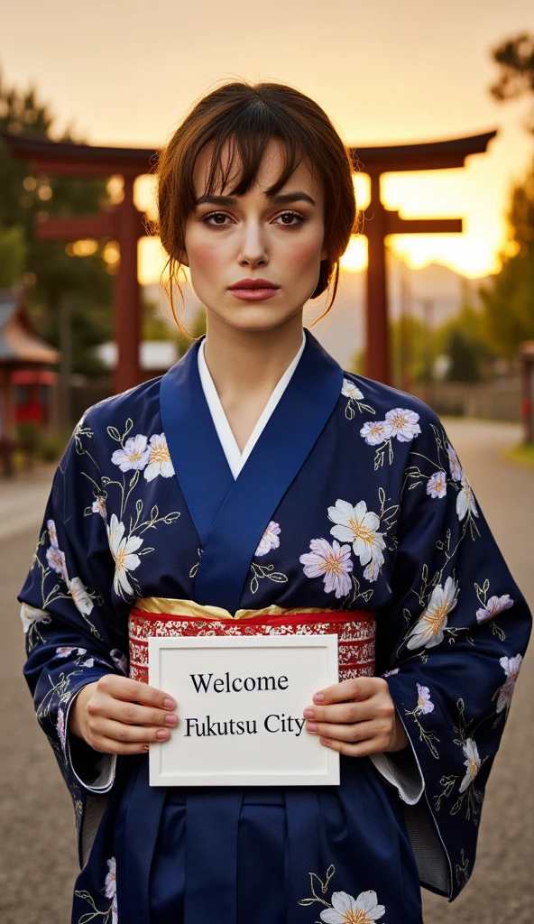 cowboy shot,   front view, Name is Keira Knightly ,  1 woman, beautiful young England woman,  30-age, (dark brown  hair, middle hair , fringe, beautiful dark blue eye, smile), (C cup breasts, wide hip), ( Japanese traditional Dark blue Kimono, kimono's below  flower pattern , White obi with flower pattern ) , White board hold both hands, writing word "Welcome Fukutsu City" front Shinto shrine, The Road of Light , sunset,  , ((super detail, high details, high quality, accurate, anatomically correct, textured skin, beautiful fingers super detail, high details, high quality, best quality))