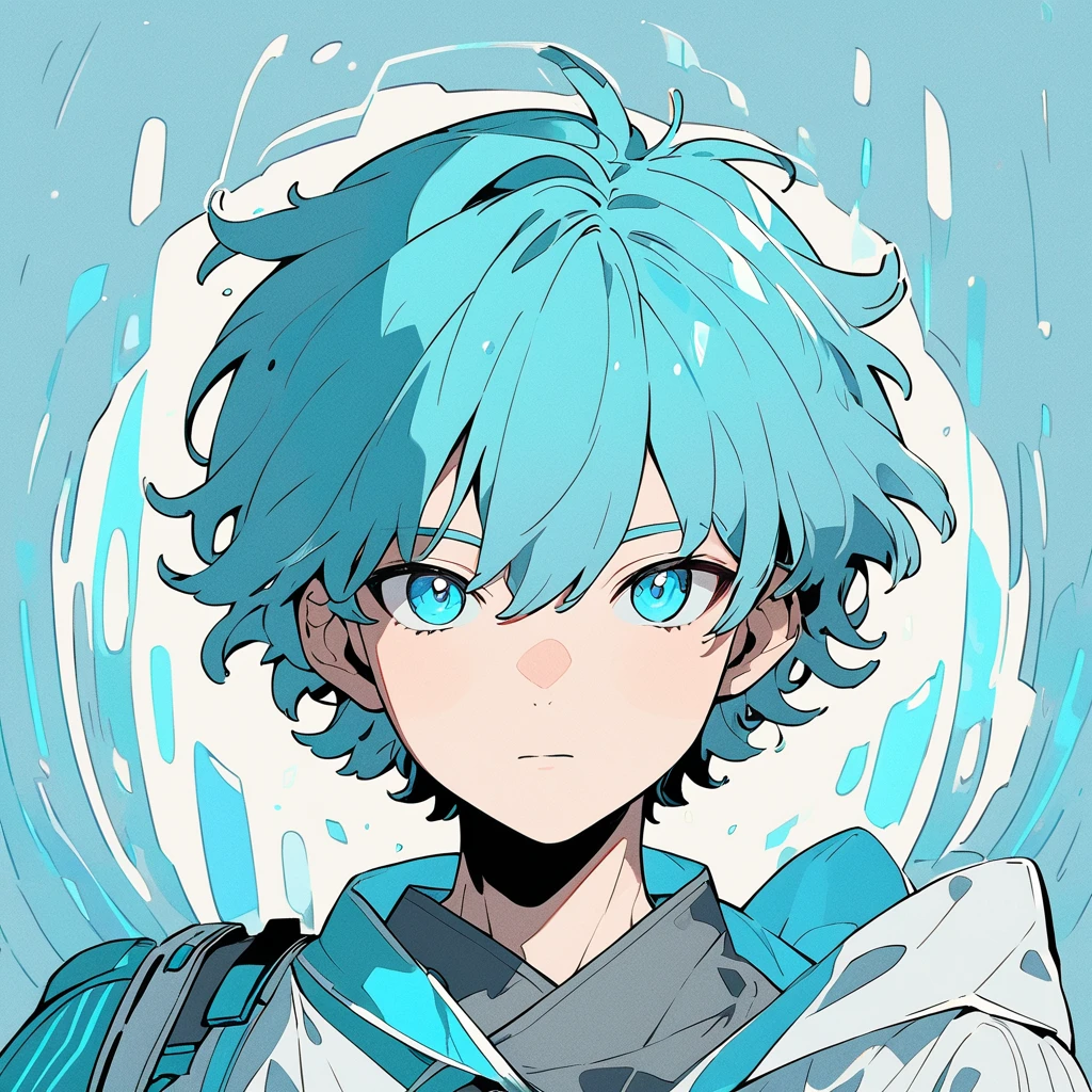  A male character with medium hair of a vibrant shade of cyan , slightly messy, but with a natural style .  Your eyes have the same cyan shade ,  shining brightly ,  as if reflecting an internal light .  Your skin is clear and slightly illuminated ,  highlighting the striking and youthful facial features . He wears futuristic or contemporary outfits with subtle details with the gray and cyan palette.  Art Style :  smooth and detailed lines .