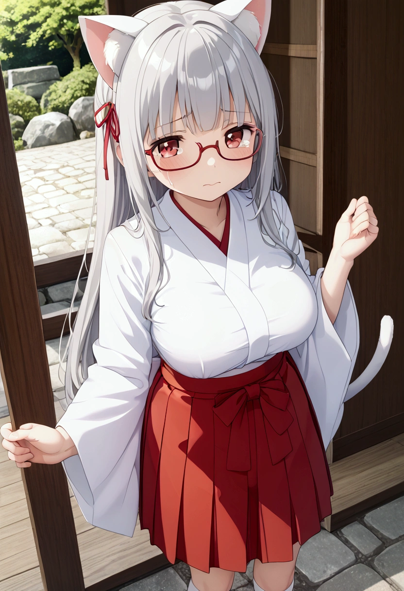 Lori、、Petite、Big Breasts、 princess cut、 long hair 、Gray Hair、 red eyes、Cat ears、Cat tail、Shrine maiden、Shrine maiden服、 White Kimono 、White Knee Highs、 apron dress、White brim、 hakama short skirt、Glasses,Japanese maid、 miko,red hakama、( hakama short skirt:1.1)、Crying face、 BREAK masterpiece、 beautiful attention to detail :1.2,  Full Photo, (  perfect hands,  Perfect Anatomy:1.1)