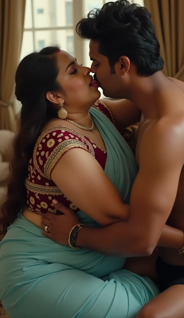 A beautiful gorgeous plump Indian 45-year-old woman wearing a saree, bindi on her forehead, wearing hindu mangalsutra, huge breasts, hot body curves, smiley face, white skin, standing on living room with 21 years old handsome man, wearing pant and shirt, man woman kissing lips pose, kissing each other lips , beautiful sexy couple pose