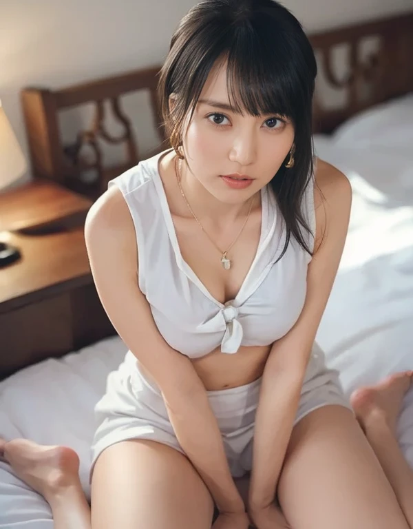 (Realistic: 1.2, Highest quality, In 8K,Wetty:1.3 ), ( 18-year-old, K-POPアイドル、 Sweat: 1.1, Wet:1.1、Cleavage、Large Breasts:1.8、Brown Hair), Fine skin, (Cinema Lighting), Soft Light, double eyelid, ((Excited、Sexy、Bust up shot、Pheromones、On all fours in bed))(One Girl)、huge 、Proudly、Sunburn、Expose the muscles、Sweat muscles、Touch your chest、Baby Face、Breasts sag due to gravity、Tank top shirt with a wide open chest,Shortcuts
