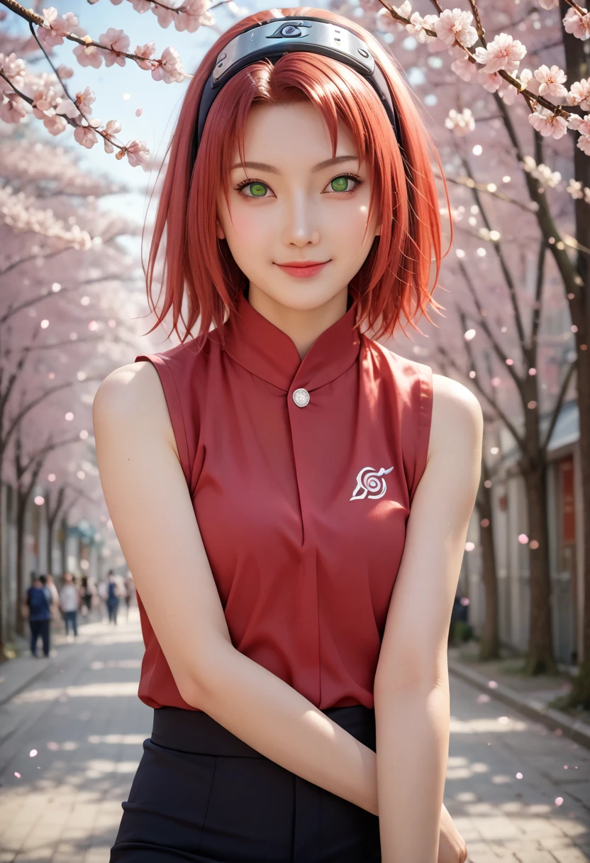 highest quaLightingy, 8k, 32K, masterpiece, photo  realistic ,  realistic , (photo realistic :1,4),  1 girl, smile, Dramatic lighting, Professional makeup, とても大きなChestの女性, ( Seductive Poses ),  sexy,  beautiful, Shining White Face ,  beautiful顔,  pink cheeks,  beautiful唇,  Pottery Like Skin , 細部が complicated,  more, Super High,  most detailed,  very detailed with crimson hair, delicate,  Amazing Details ed, Small detailsed,  CINEMATIC LIGHTING , highest quaLightingy, 滑らかで beautiful, CG, Unity, 8k wallpaper,  amazing, Small details, Unity CG wallpaper 8k  more,  large file size ,  more,  high definition ,  Amazing Details ,  amazing details,  depth boundary written .  Detailed Clothing Features ,Haru Sakura , Naruto \(series\), Naruto shippuuden,  Anime Style Art, masterpiece, red  shirt,  shirt,  short hair, Sleeveless, Sleeveless  shirt, forehead protector,  headband, konohagakure symbol on  headband,  1 girl, Alone, bangs, Chest,   closed mouth, elbow sleeves,   when sitting on 、I can see through my hair , Floating Hair, shortening,  green eyes,   Hair Intake  , parted bangs,  pink hair, ,  V-shaped eyebrows,  Detailed Background ,  outdoor, cherry blossoms (Sakura), null, ( more), (8k,  complicated), (85mm), Particles of light, Lighting, whole body, ( very detailed with crimson hair:1.2), Chestの焦点, ( gradients ),  software ,  colorful , ( Detailed Background ), (The Third Law _ Composition:1.3), (Action range:1.2), dawn, Alone