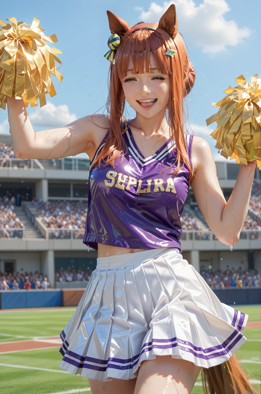 1 girl, solo, silence suzuka \(umamusume\), cheerleader, pom pom \(cheerleading\), pleated skirt, best quality, laugh, good anatomy, masterpiece, shiny, shiny skin, shiny outfit, wet clothes, wet skin, dynamic pose