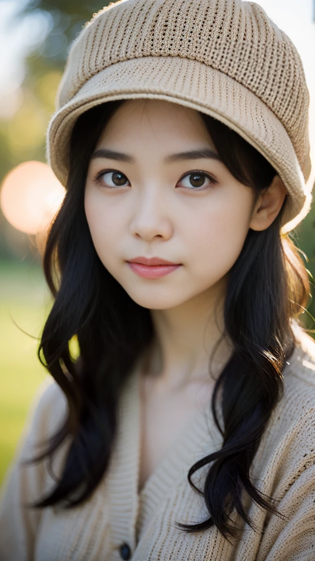 a close up of a woman wearing a hat and sweater, a picture inspired by Miwa Komatsu, tumblr, shin hanga, beautiful japanese girls face, 8k artgerm bokeh, girl cute-fine-face, soft portrait shot 8 k, with cute - fine - face, japanese model, beautiful delicate face, she has a cute expressive face