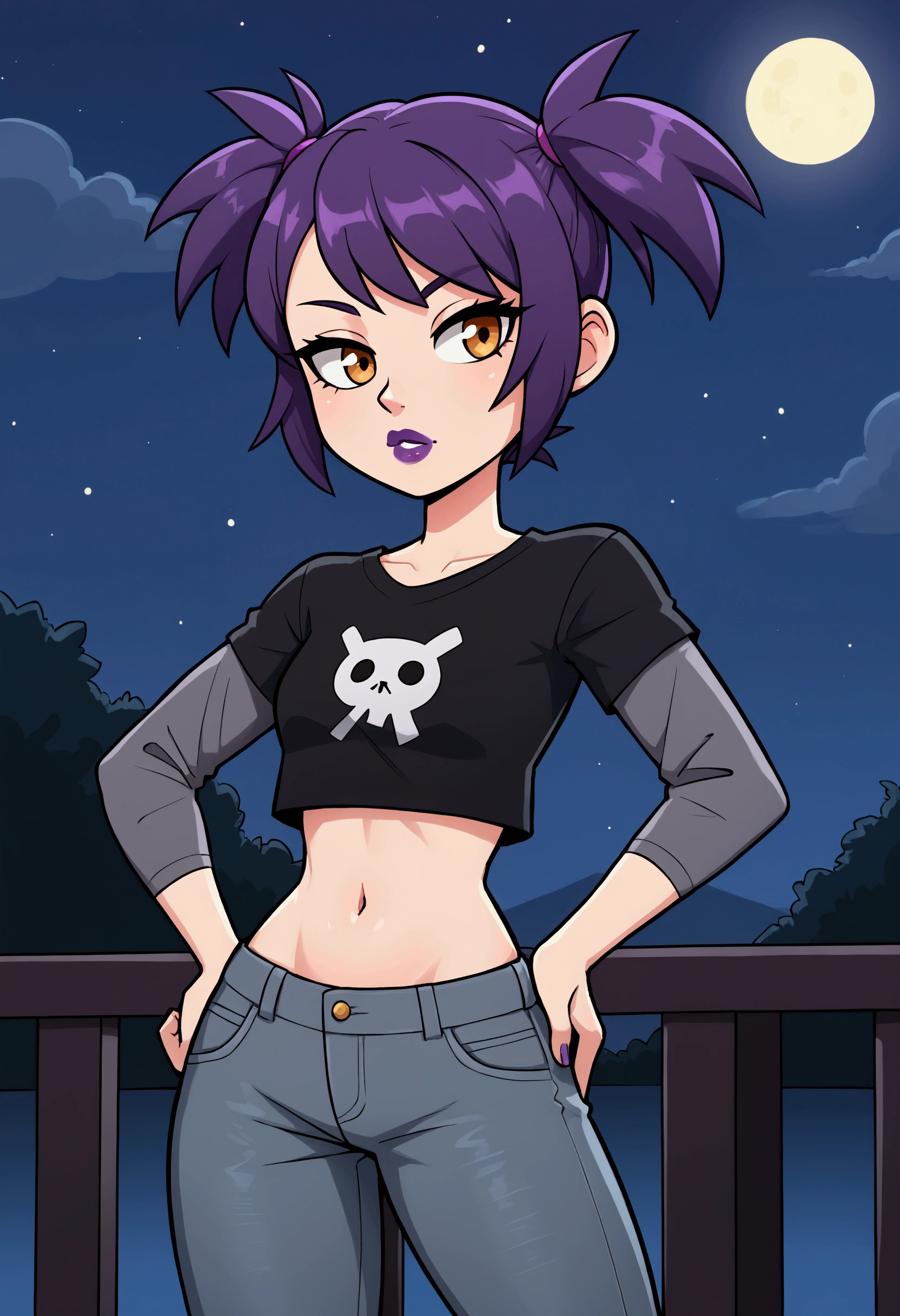 1girl, solo, purple hair, short twintails, gray jeans, taut black t-shirt, long gray sleeves, crop top, midriff, belly, navel, purple lipstick, arm support, hand on hip, night